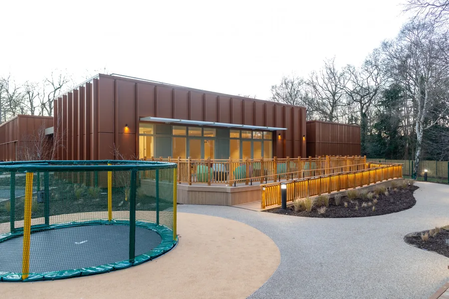 Evening view of the respite centre terrace and garden area