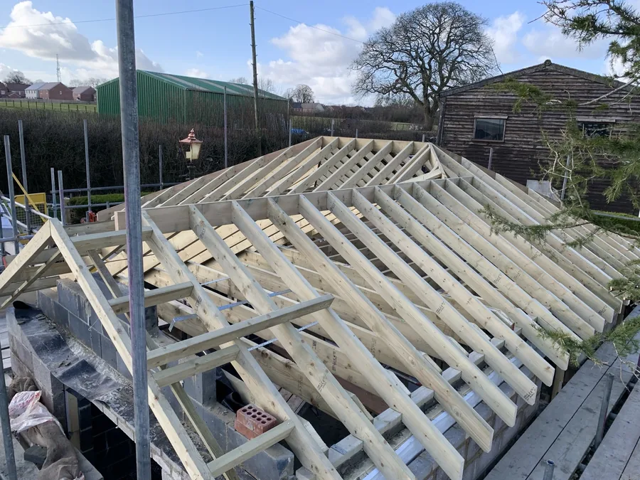 Side view of the timber roof framing